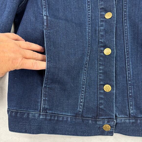 Draper James Jean Jacket Womens Size L Dark Wash Button Up Stretch Denim Ruffle - Picture 6 of 12